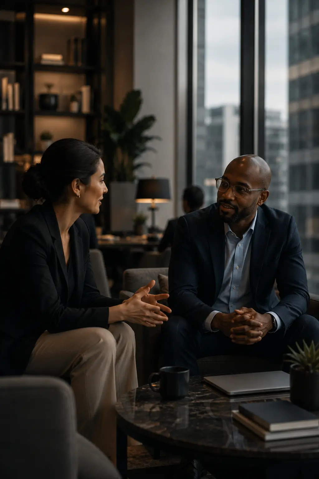 NOVA+ advisors meeting in a modern office lounge